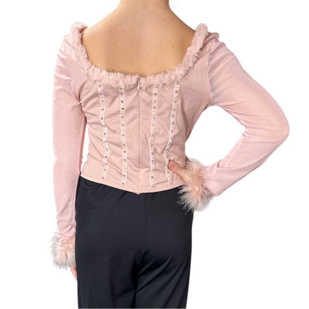 Elegant Light Pink Long Sleeve Scoop Neck Top Faux Fur Trim, Small - Picture 2 of 4